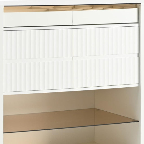 HomeRoots 33" White Wood & Glass Island Vanity Dresser – Chic Storage Solution with Display Shelf & Gold Accents 653109