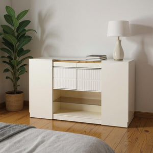 HomeRoots 33" White Wood & Glass Island Vanity Dresser – Chic Storage Solution with Display Shelf & Gold Accents 653109