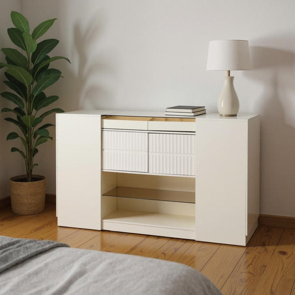 HomeRoots 33" White Wood & Glass Island Vanity Dresser – Chic Storage Solution with Display Shelf & Gold Accents 653109