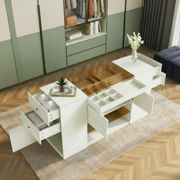 HomeRoots 33" White Wood & Glass Island Vanity Dresser – Chic Storage Solution with Display Shelf & Gold Accents 653109