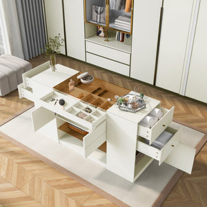 HomeRoots 33" White Wood & Glass Island Vanity Dresser – Chic Storage Solution with Display Shelf & Gold Accents 653109