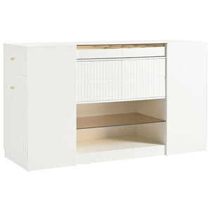 HomeRoots 33" White Wood & Glass Island Vanity Dresser – Chic Storage Solution with Display Shelf & Gold Accents 653109