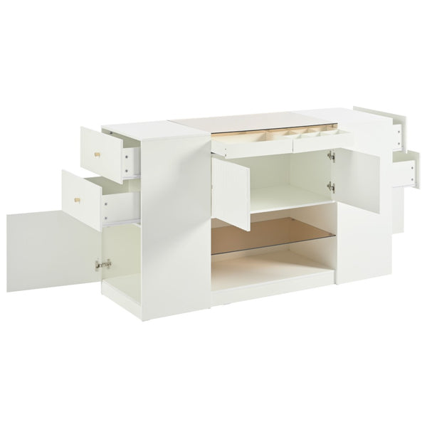 HomeRoots 33" White Wood & Glass Island Vanity Dresser – Chic Storage Solution with Display Shelf & Gold Accents 653109