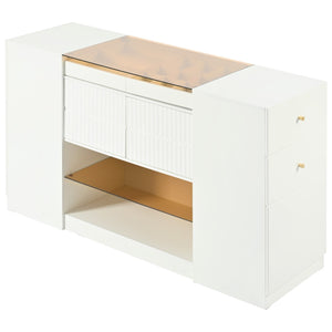 HomeRoots 33" White Wood & Glass Island Vanity Dresser – Chic Storage Solution with Display Shelf & Gold Accents 653109