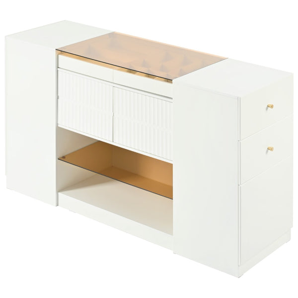 HomeRoots 33" White Wood & Glass Island Vanity Dresser – Chic Storage Solution with Display Shelf & Gold Accents 653109