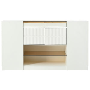 HomeRoots 33" White Wood & Glass Island Vanity Dresser – Chic Storage Solution with Display Shelf & Gold Accents 653109
