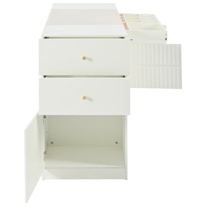 HomeRoots 33" White Wood & Glass Island Vanity Dresser – Chic Storage Solution with Display Shelf & Gold Accents 653109