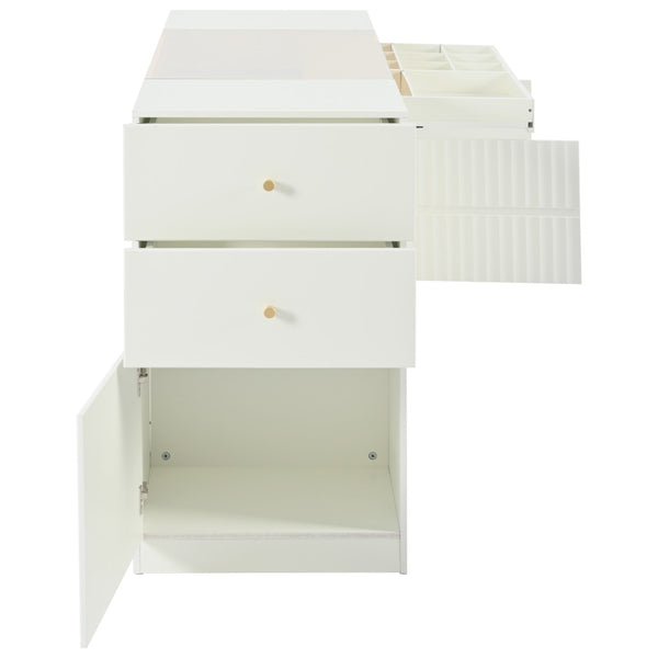 HomeRoots 33" White Wood & Glass Island Vanity Dresser – Chic Storage Solution with Display Shelf & Gold Accents 653109