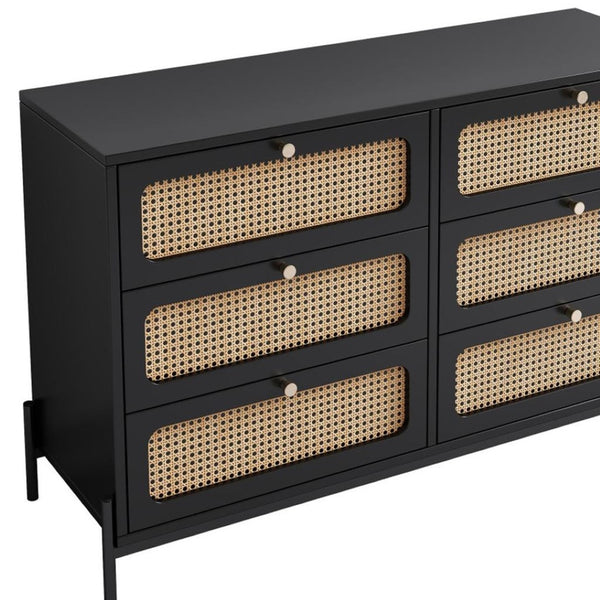 HomeRoots 47" Black Wood and Rattan Six Drawer Dresser - Stylish Storage Solution for Modern Bedrooms & Décor 653110