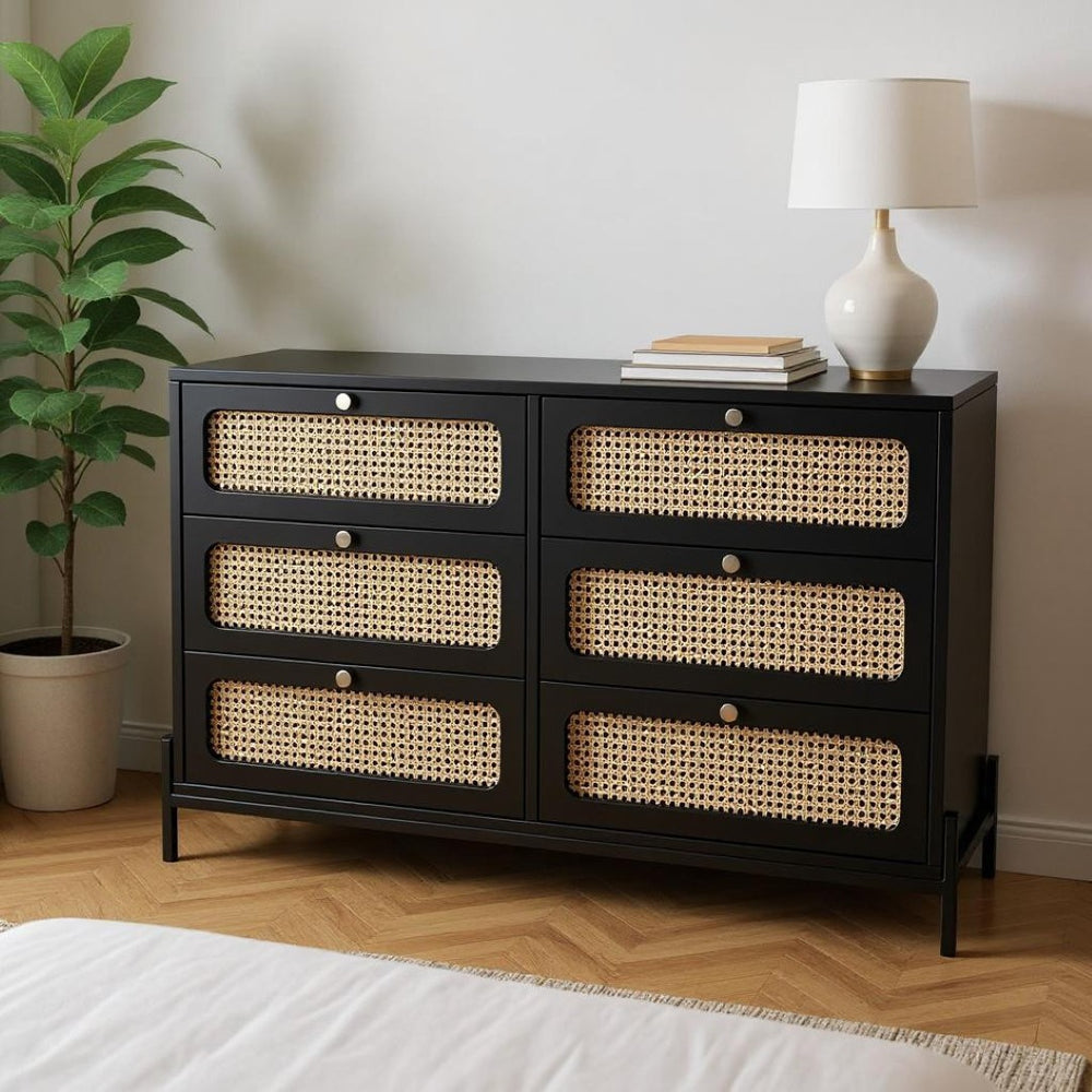 HomeRoots 47" Black Wood and Rattan Six Drawer Dresser - Stylish Storage Solution for Modern Bedrooms & Décor 653110