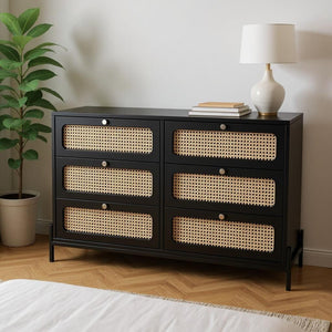 HomeRoots 47" Black Wood and Rattan Six Drawer Dresser - Stylish Storage Solution for Modern Bedrooms & Décor 653110