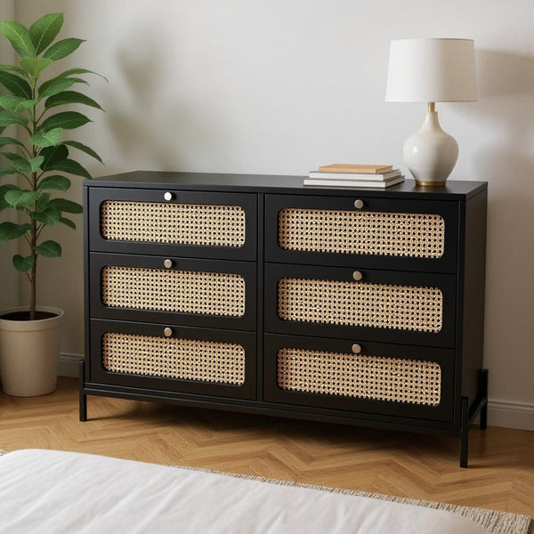 HomeRoots 47" Black Wood and Rattan Six Drawer Dresser - Stylish Storage Solution for Modern Bedrooms & Décor 653110