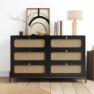 HomeRoots 47" Black Wood and Rattan Six Drawer Dresser - Stylish Storage Solution for Modern Bedrooms & Décor 653110