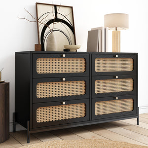 HomeRoots 47" Black Wood and Rattan Six Drawer Dresser - Stylish Storage Solution for Modern Bedrooms & Décor 653110