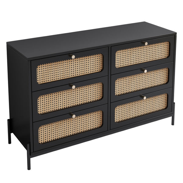 HomeRoots 47" Black Wood and Rattan Six Drawer Dresser - Stylish Storage Solution for Modern Bedrooms & Décor 653110