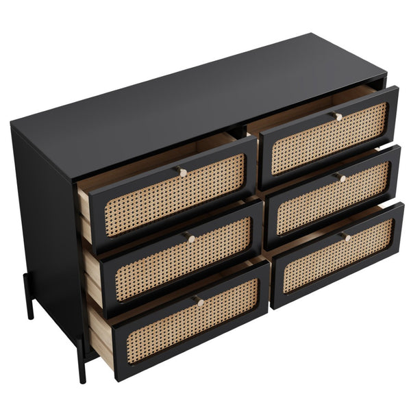 HomeRoots 47" Black Wood and Rattan Six Drawer Dresser - Stylish Storage Solution for Modern Bedrooms & Décor 653110
