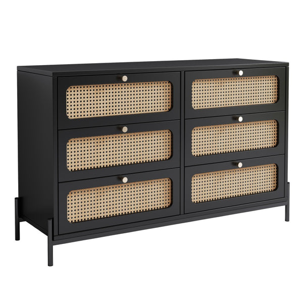 HomeRoots 47" Black Wood and Rattan Six Drawer Dresser - Stylish Storage Solution for Modern Bedrooms & Décor 653110