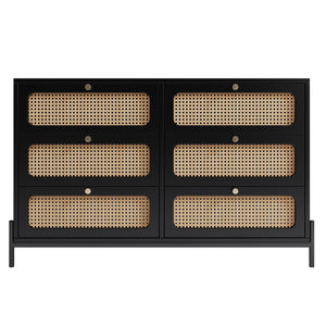HomeRoots 47" Black Wood and Rattan Six Drawer Dresser - Stylish Storage Solution for Modern Bedrooms & Décor 653110