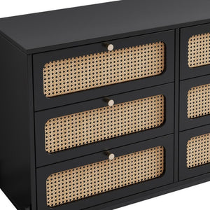 HomeRoots 47" Black Wood and Rattan Six Drawer Dresser - Stylish Storage Solution for Modern Bedrooms & Décor 653110