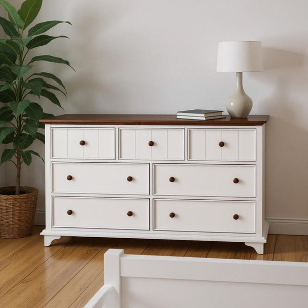 HomeRoots 61" Modern Two-Tone Walnut & White Seven Drawer Dresser – Stylish Storage Solution for Clutter-Free Spaces 653111