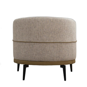 HomeRoots 29" Modern Beige Linen Barrel Chair with Stylish Camel Trim and Sturdy Black Metal Legs for Comfort 653112