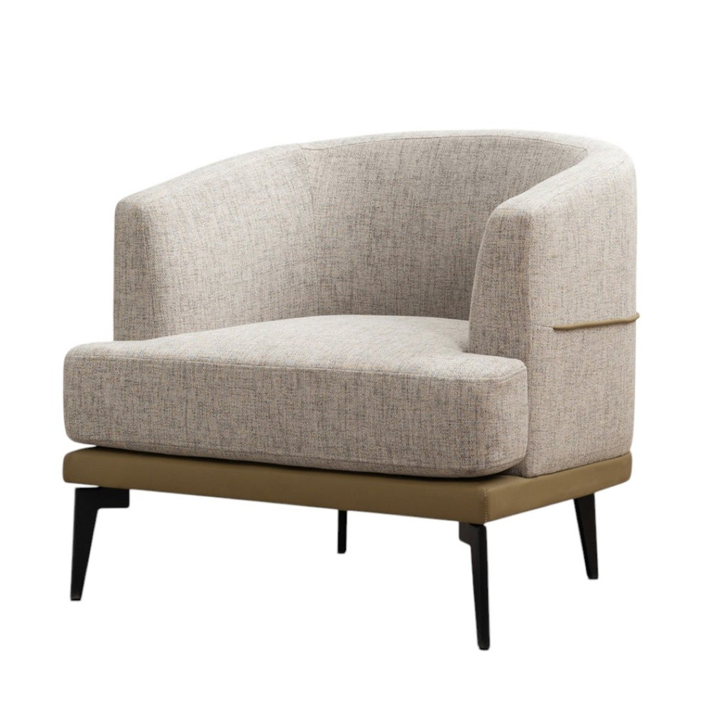 HomeRoots 29" Modern Beige Linen Barrel Chair with Stylish Camel Trim and Sturdy Black Metal Legs for Comfort 653112
