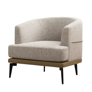 HomeRoots 29" Modern Beige Linen Barrel Chair with Stylish Camel Trim and Sturdy Black Metal Legs for Comfort 653112