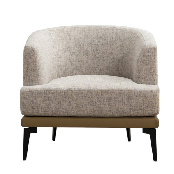 HomeRoots 29" Modern Beige Linen Barrel Chair with Stylish Camel Trim and Sturdy Black Metal Legs for Comfort 653112