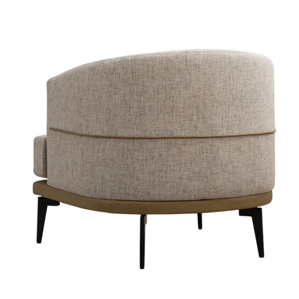 HomeRoots 29" Modern Beige Linen Barrel Chair with Stylish Camel Trim and Sturdy Black Metal Legs for Comfort 653112