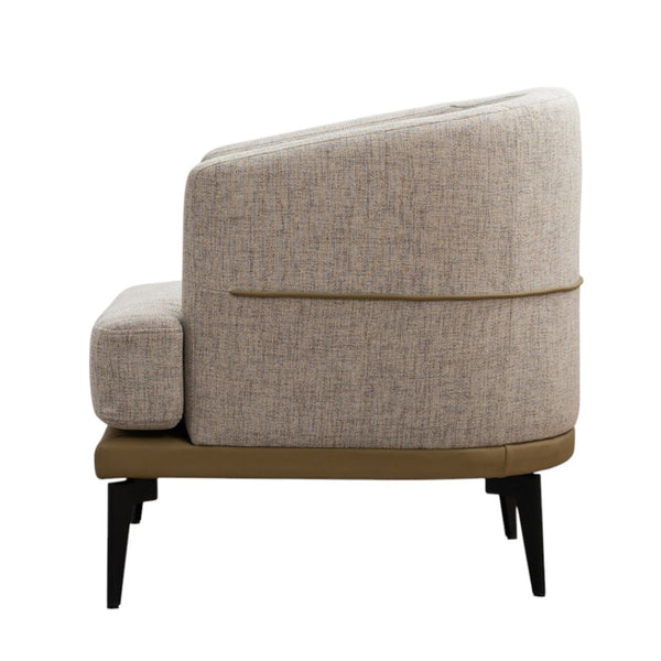 HomeRoots 29" Modern Beige Linen Barrel Chair with Stylish Camel Trim and Sturdy Black Metal Legs for Comfort 653112