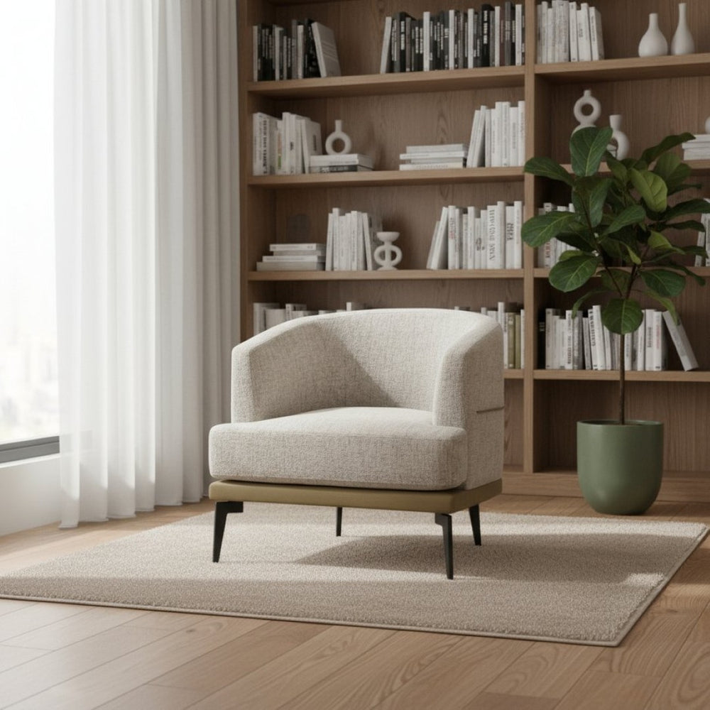 HomeRoots 29" Modern Beige Linen Barrel Chair with Stylish Camel Trim and Sturdy Black Metal Legs for Comfort 653112