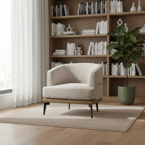HomeRoots 29" Modern Beige Linen Barrel Chair with Stylish Camel Trim and Sturdy Black Metal Legs for Comfort 653112