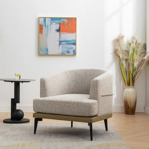 HomeRoots 29" Modern Beige Linen Barrel Chair with Stylish Camel Trim and Sturdy Black Metal Legs for Comfort 653112