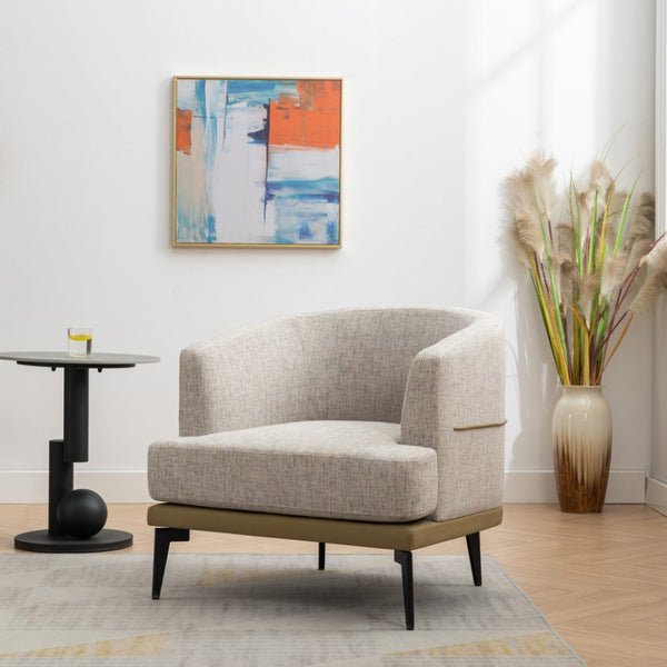 HomeRoots 29" Modern Beige Linen Barrel Chair with Stylish Camel Trim and Sturdy Black Metal Legs for Comfort 653112