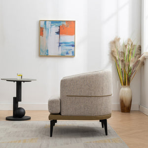 HomeRoots 29" Modern Beige Linen Barrel Chair with Stylish Camel Trim and Sturdy Black Metal Legs for Comfort 653112