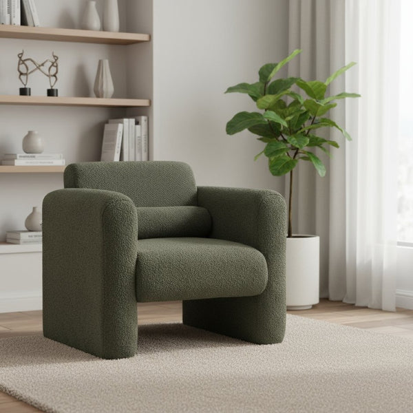 HomeRoots 31" Olive Green Boucle Upholstered Arm Chair with Cozy Pillow – Stylish Accent for Any Space 653115