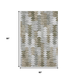 HomeRoots 5' X 8' Stylish Brown Ivory Gray Geometric Washable Area Rug with Stain Resistance & UV Protection 653118