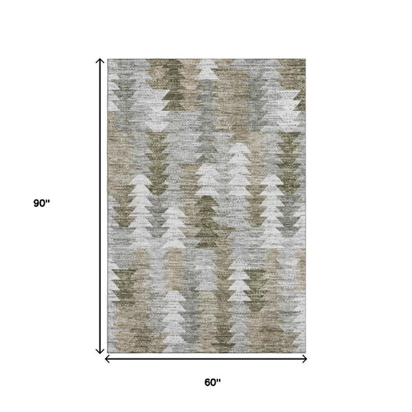 HomeRoots 5' X 8' Stylish Brown Ivory Gray Geometric Washable Area Rug with Stain Resistance & UV Protection 653118