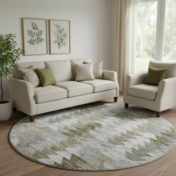 HomeRoots 8' Brown Ivory and Gray Geometric Round Rug - Washable, UV Protected, Durable for Modern Homes 653119