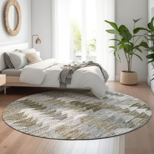 HomeRoots 8' Brown Ivory and Gray Geometric Round Rug - Washable, UV Protected, Durable for Modern Homes 653119
