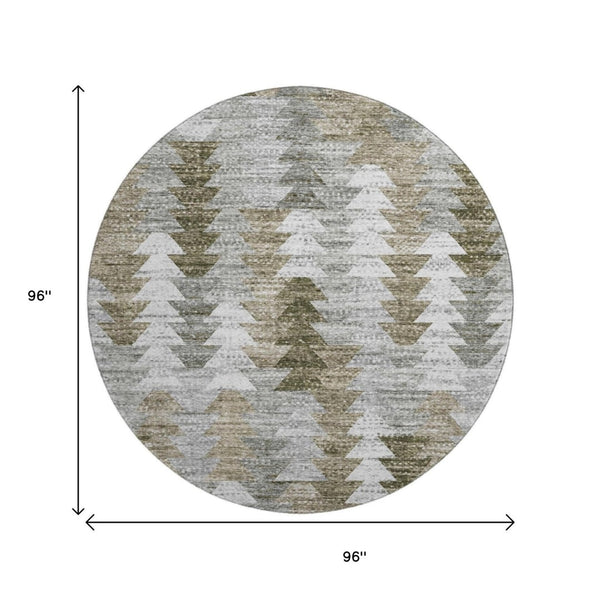 HomeRoots 8' Brown Ivory and Gray Geometric Round Rug - Washable, UV Protected, Durable for Modern Homes 653119
