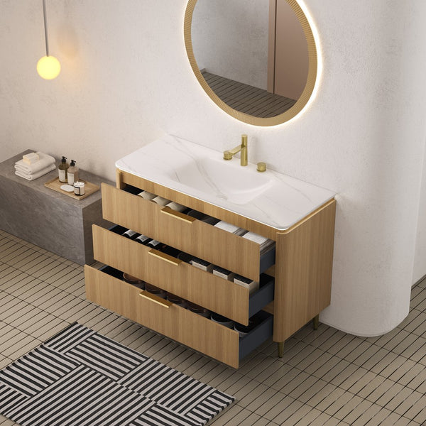 English Elm AMARA 48" Bathroom Vanity with Integrated Sintered Stone Basin, Pre-Assembled Plywood Cabinet, 3 Drawers, Motion Light Carrara White,Light Oak W2615P346340