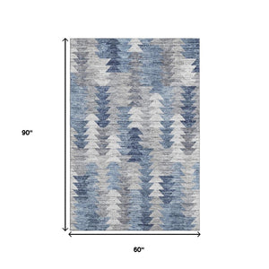 HomeRoots 5' X 8' Versatile Blue Ivory Gray Geometric Washable Area Rug – UV Protected, Durable & Stylish! 653124
