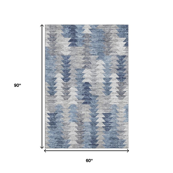 HomeRoots 5' X 8' Versatile Blue Ivory Gray Geometric Washable Area Rug – UV Protected, Durable & Stylish! 653124