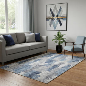 HomeRoots 5' X 8' Versatile Blue Ivory Gray Geometric Washable Area Rug – UV Protected, Durable & Stylish! 653124