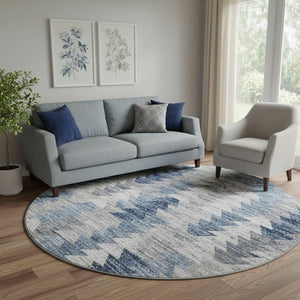 HomeRoots 8' Stylish Blue, Ivory & Gray Geometric Washable Round Rug - Durable UV Protected & Easy Care! 653125