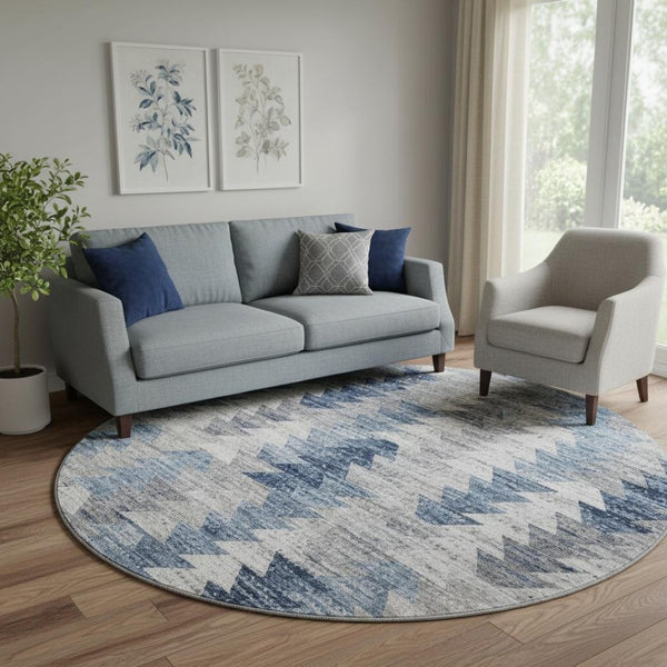 HomeRoots 8' Stylish Blue, Ivory & Gray Geometric Washable Round Rug - Durable UV Protected & Easy Care! 653125