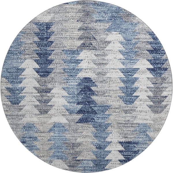 HomeRoots 8' Stylish Blue, Ivory & Gray Geometric Washable Round Rug - Durable UV Protected & Easy Care! 653125