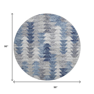 HomeRoots 8' Stylish Blue, Ivory & Gray Geometric Washable Round Rug - Durable UV Protected & Easy Care! 653125