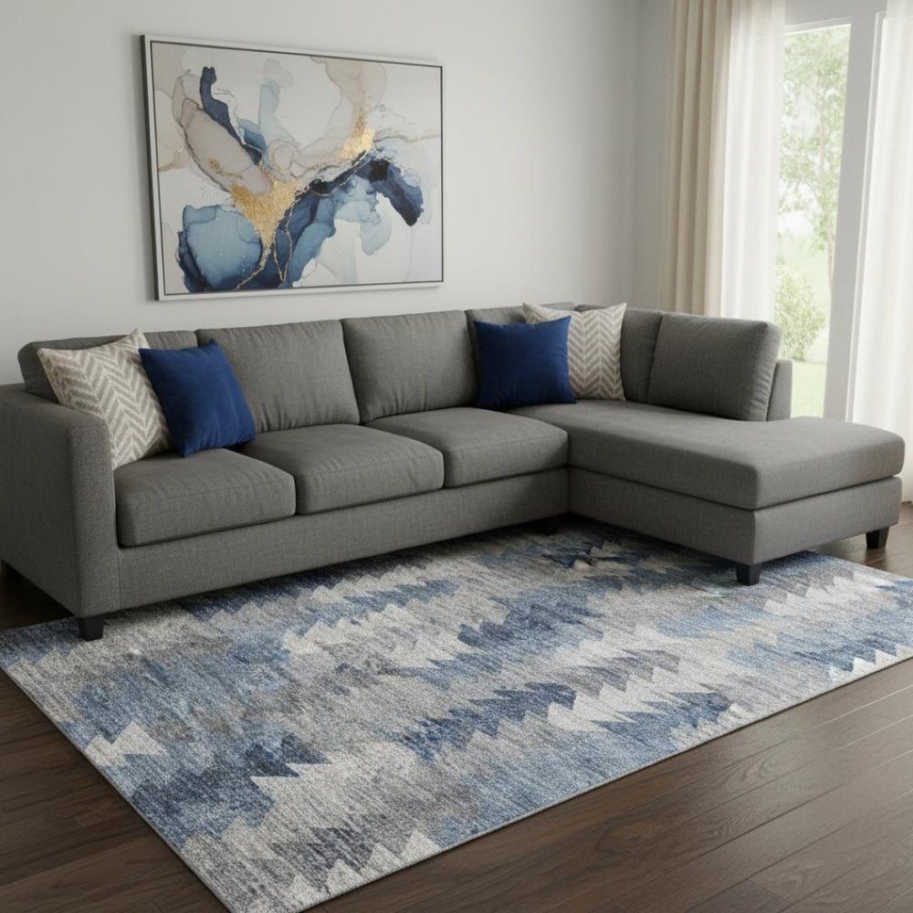 HomeRoots 8' X 10' Modern Blue Ivory Gray Geometric Washable Area Rug - Durable, UV Protected, Easy Care! 653126